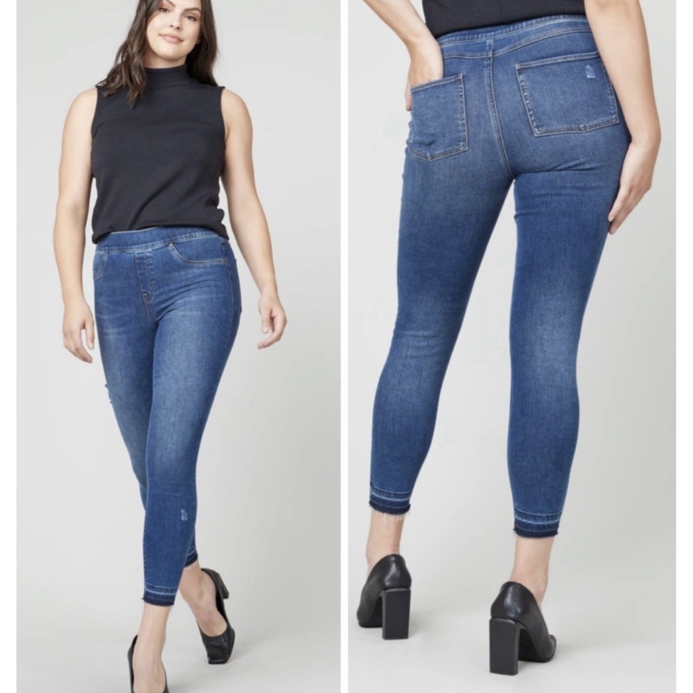 Spanx Jeans Women's 1X Ankle Skinny High Rise Distressed Stretch Dark Wash Denim